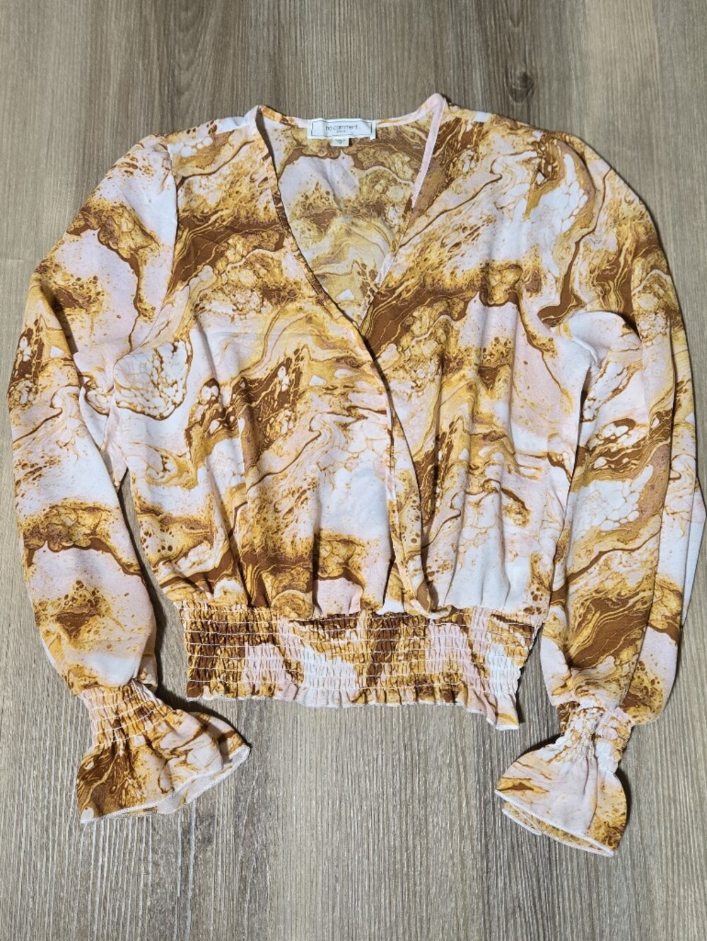 Marble Print Smocked Waist Blouse in Pink, White & Gold
